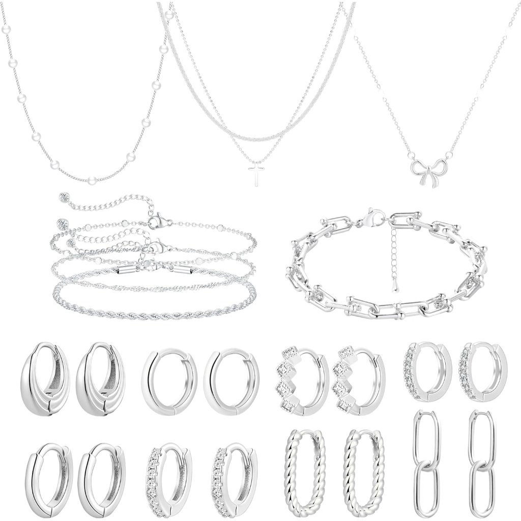18 Pcs Fashion Jewelry Set For Women Gold/Silver Plated Necklaces Bracelets Hoop